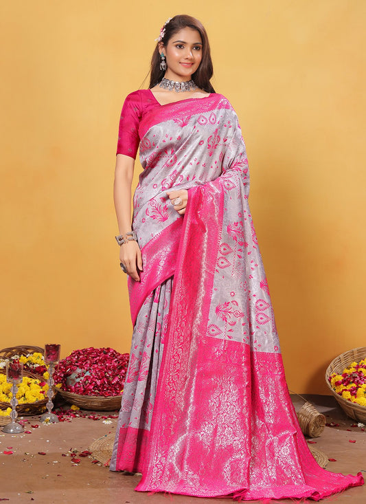 Weaving Zari Silk Grey Contemporary Saree S15378