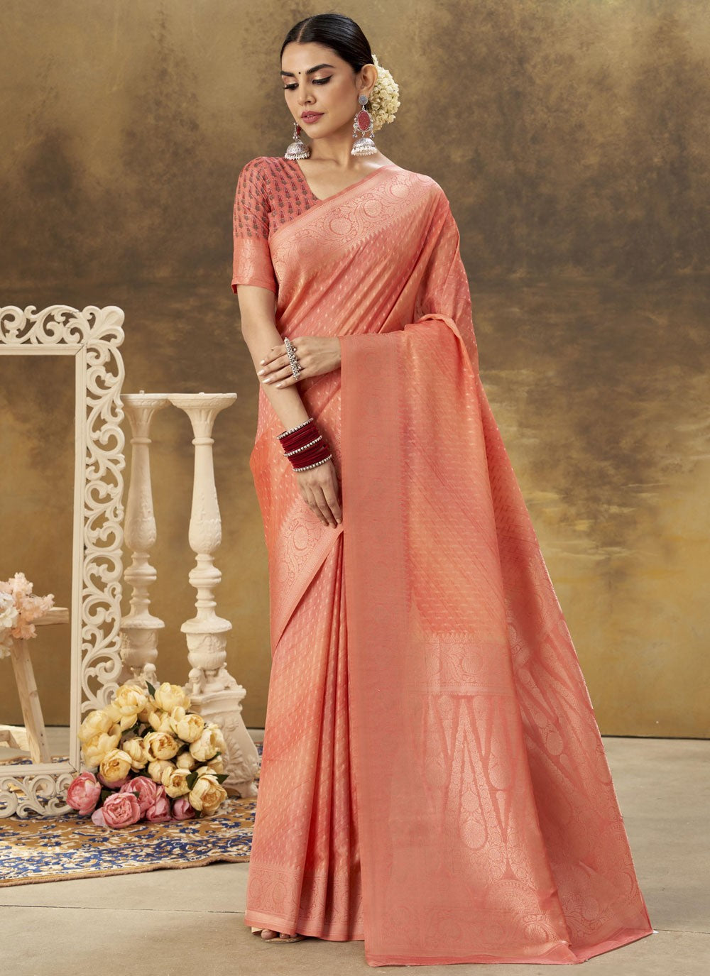 Classic Saree Weaving Zari Peach Silk Saree S13312