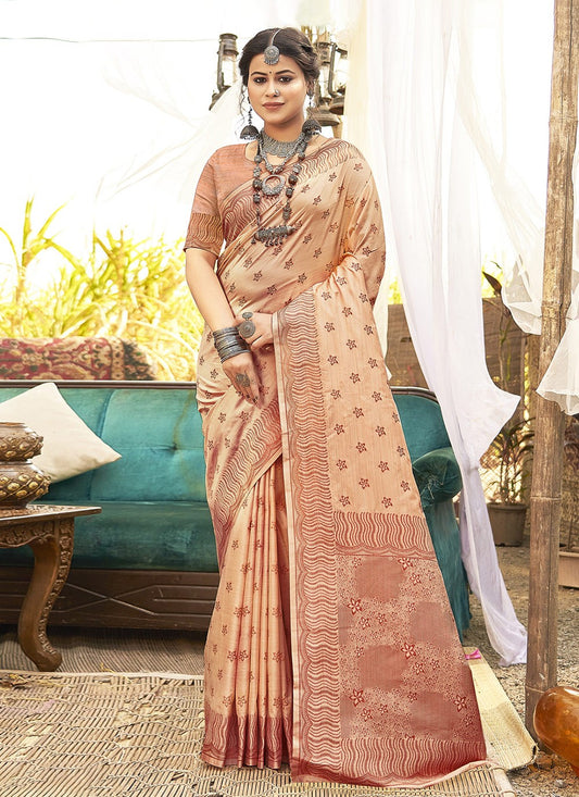 Weaving Zari Silk Peach Saree S14600