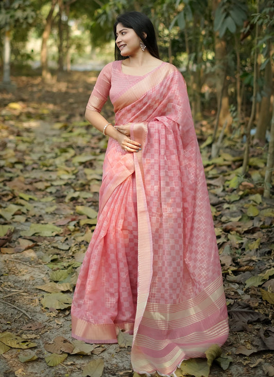 Weaving Zari Silk Pink Saree S14799