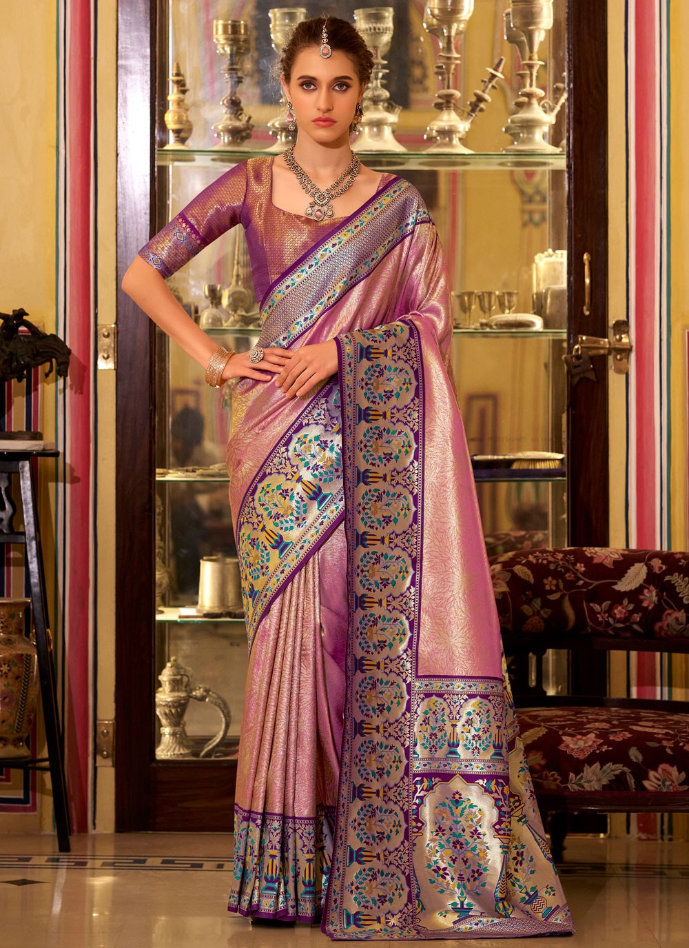 Weaving Zari Silk Pink Contemporary Saree S15568