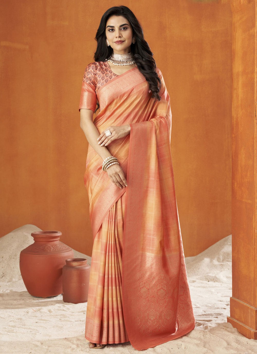 Trendy Saree Weaving Zari Rust, Yellow Silk Saree S13503