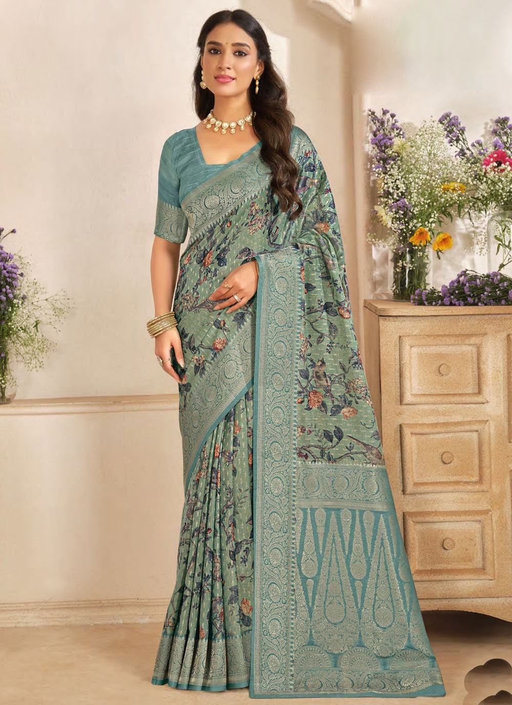 Contemporary Weaving Zari Sea Green Silk Saree S13319