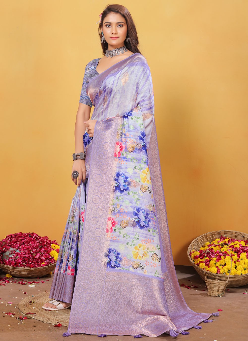 Digital Print Silk Lavender Traditional Saree S15523