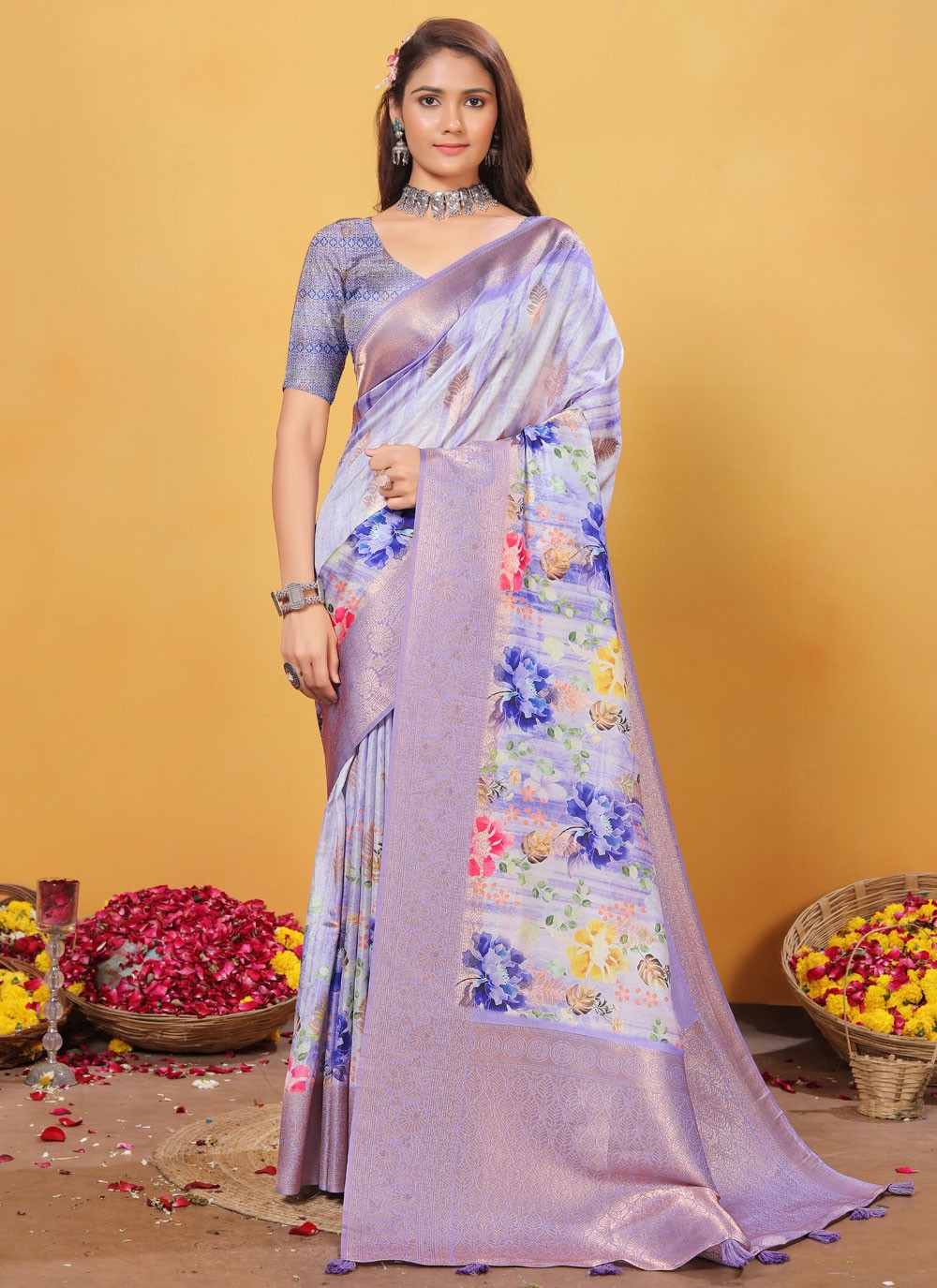 Digital Print Silk Lavender Traditional Saree S15523