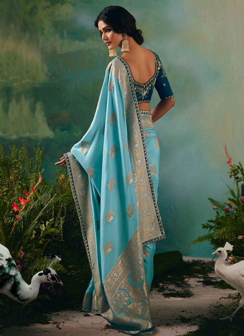 Aqua Blue Silk Traditional Saree Embroidered, Weaving Zari S20207