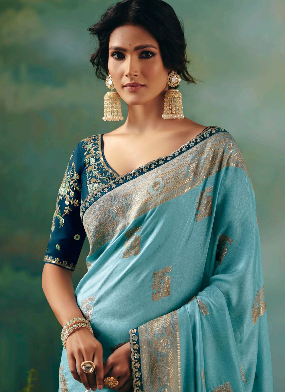 Aqua Blue Silk Traditional Saree Embroidered, Weaving Zari S20207
