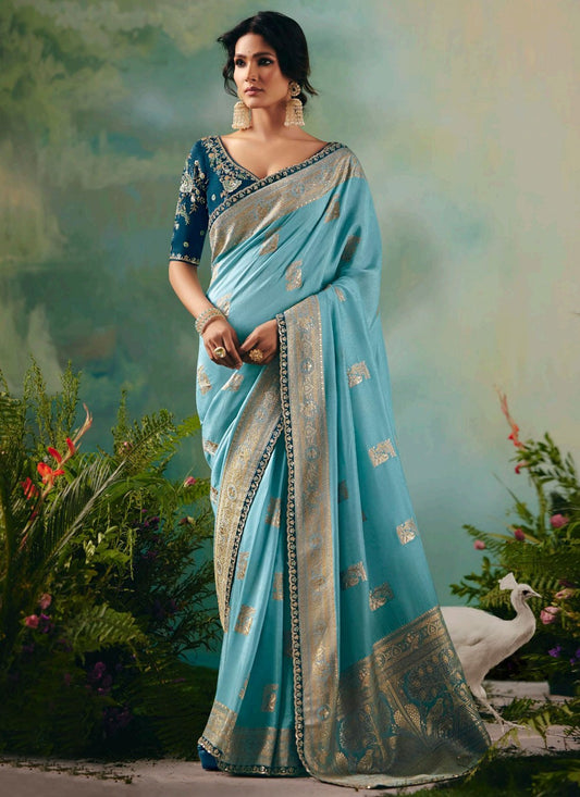 Aqua Blue Silk Traditional Saree Embroidered, Weaving Zari S20207
