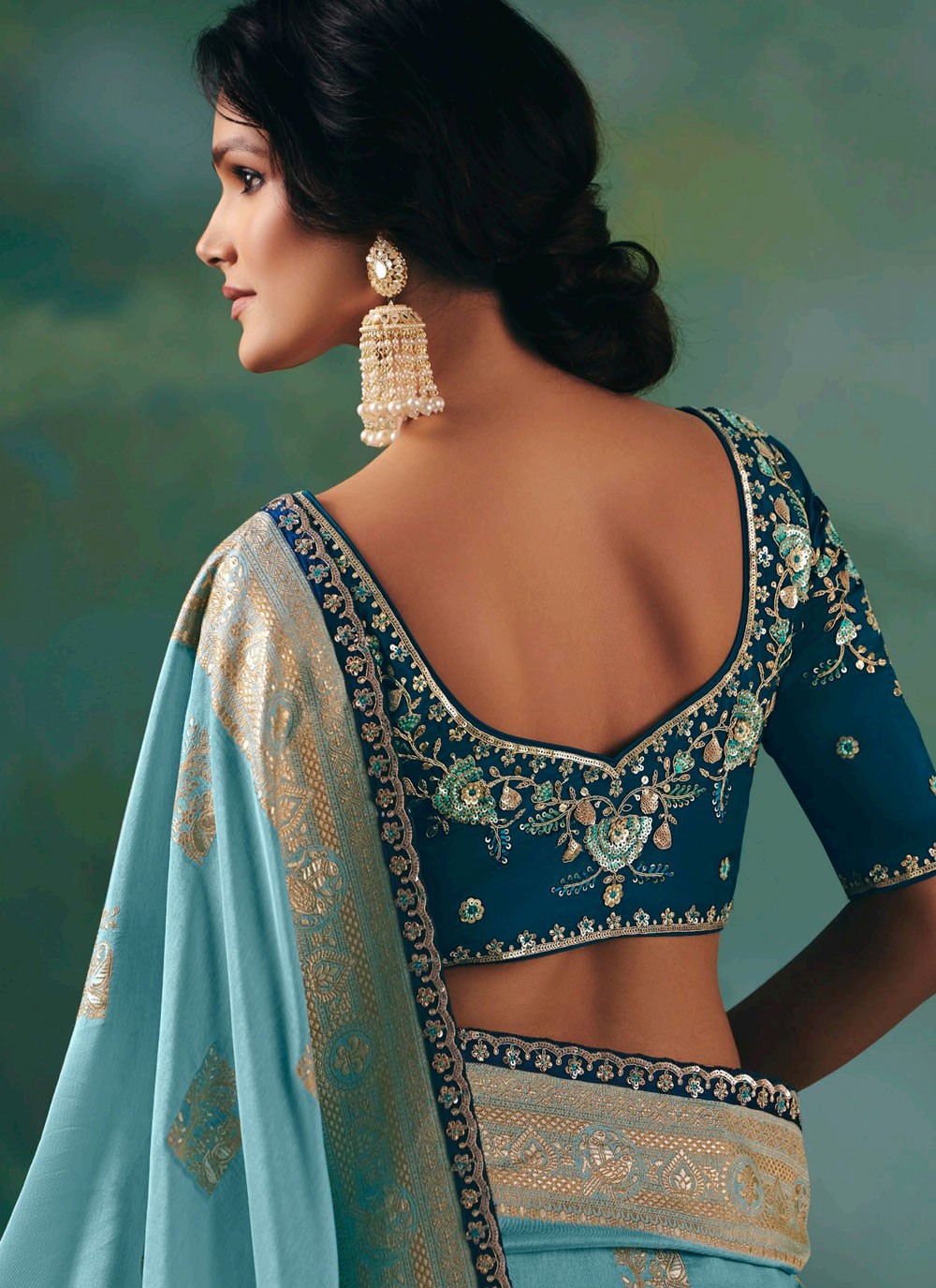 Aqua Blue Silk Traditional Saree Embroidered, Weaving Zari S20207
