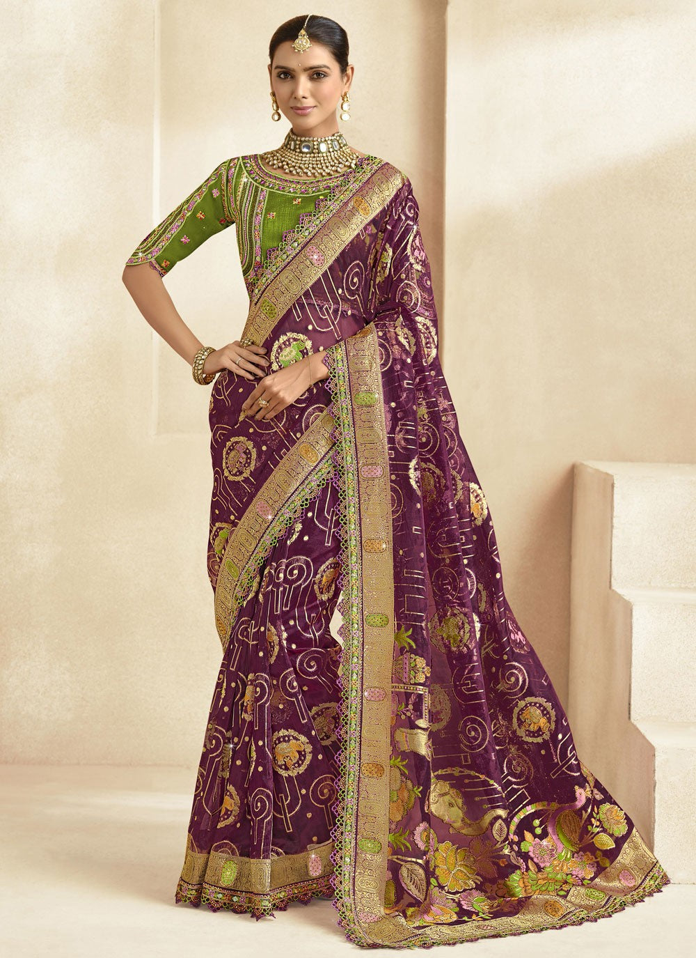 Cut Work Silk Purple Traditional Saree S15460