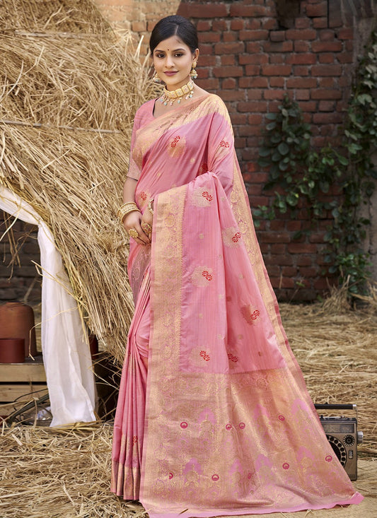 Weaving Zari Silk Pink Saree S14689