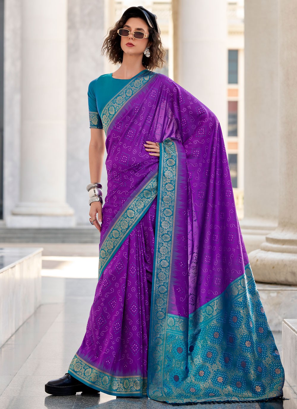 Designer Foliage Prints Violet Silk Saree S13729