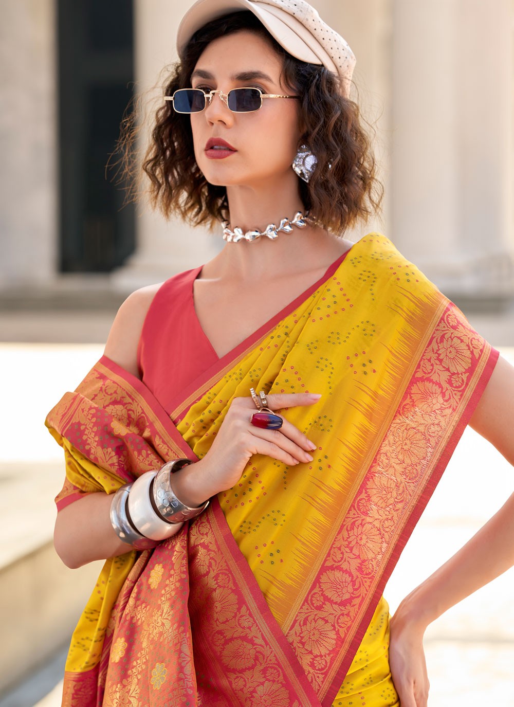 Contemporary Foliage Prints Yellow Silk Saree S13728