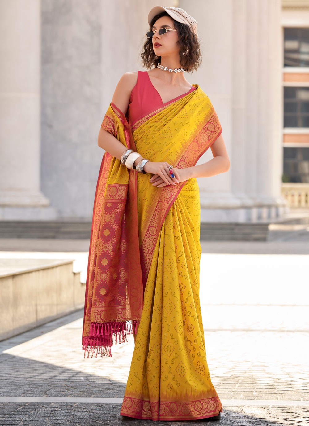 Contemporary Foliage Prints Yellow Silk Saree S13728