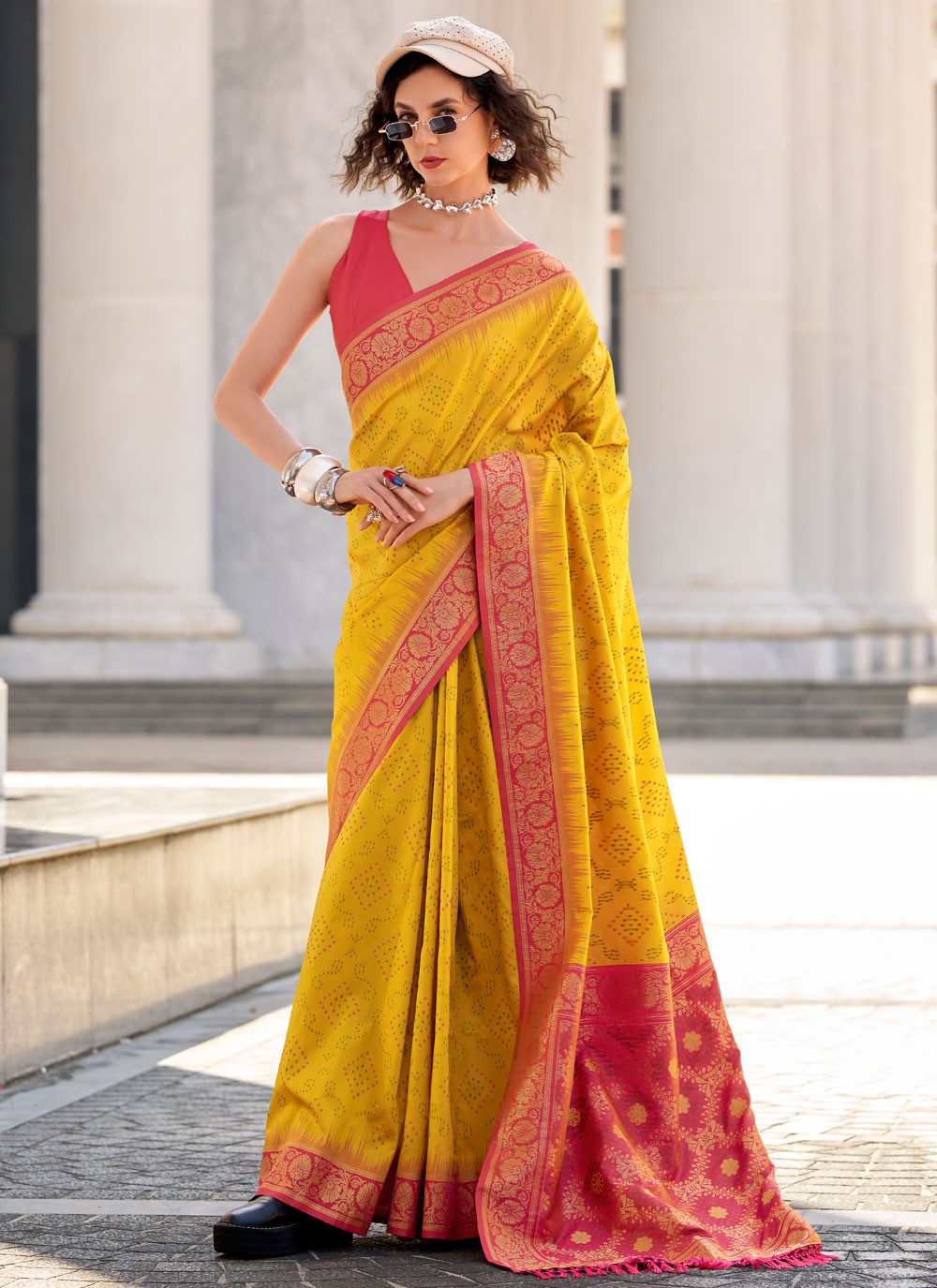 Contemporary Foliage Prints Yellow Silk Saree S13728