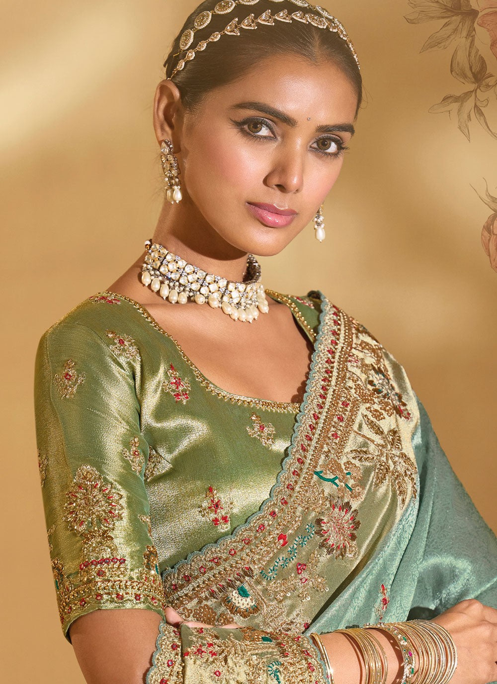 Sea Green Silk Classic Saree Cutdana, Embroidered, Mirror, Moti S20145