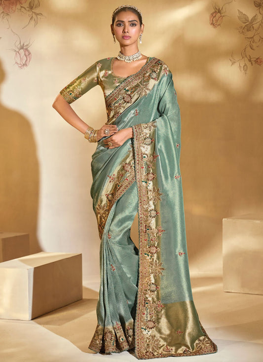 Sea Green Silk Classic Saree Cutdana, Embroidered, Mirror, Moti S20145