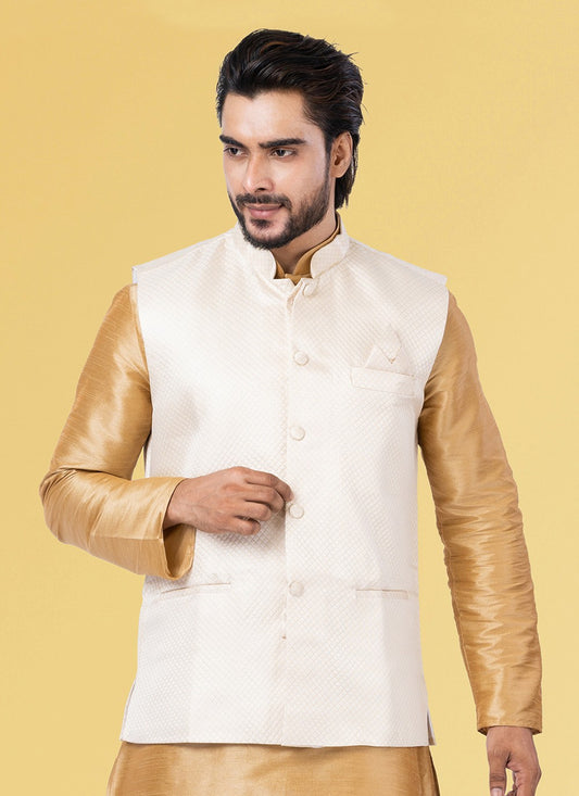 Diamond Silk White Nehru Jackets - M7445