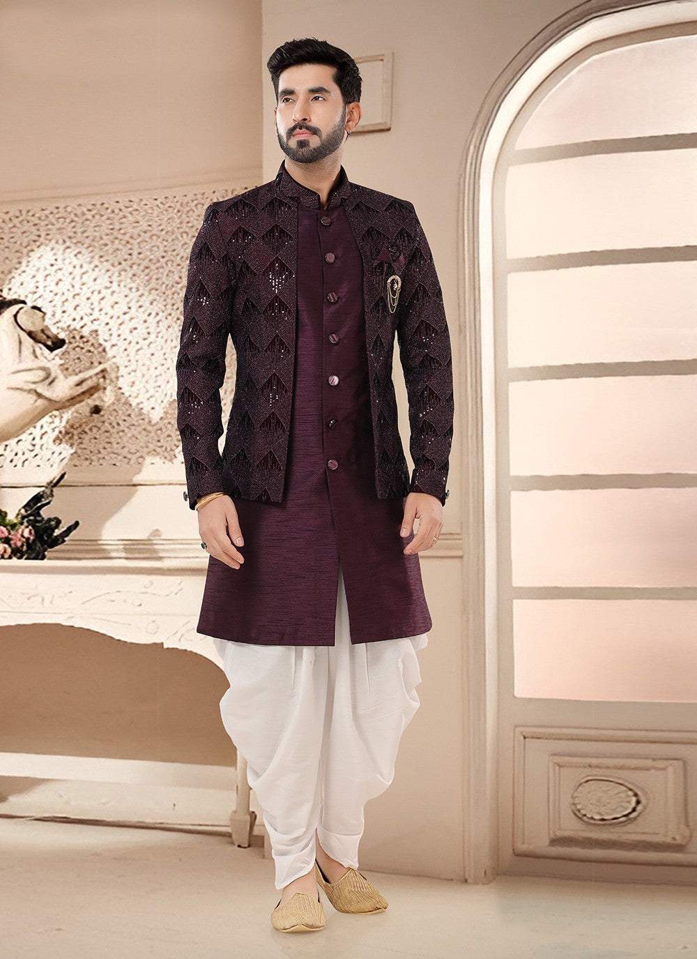 Embroidered Silk White Sherwani - M7580