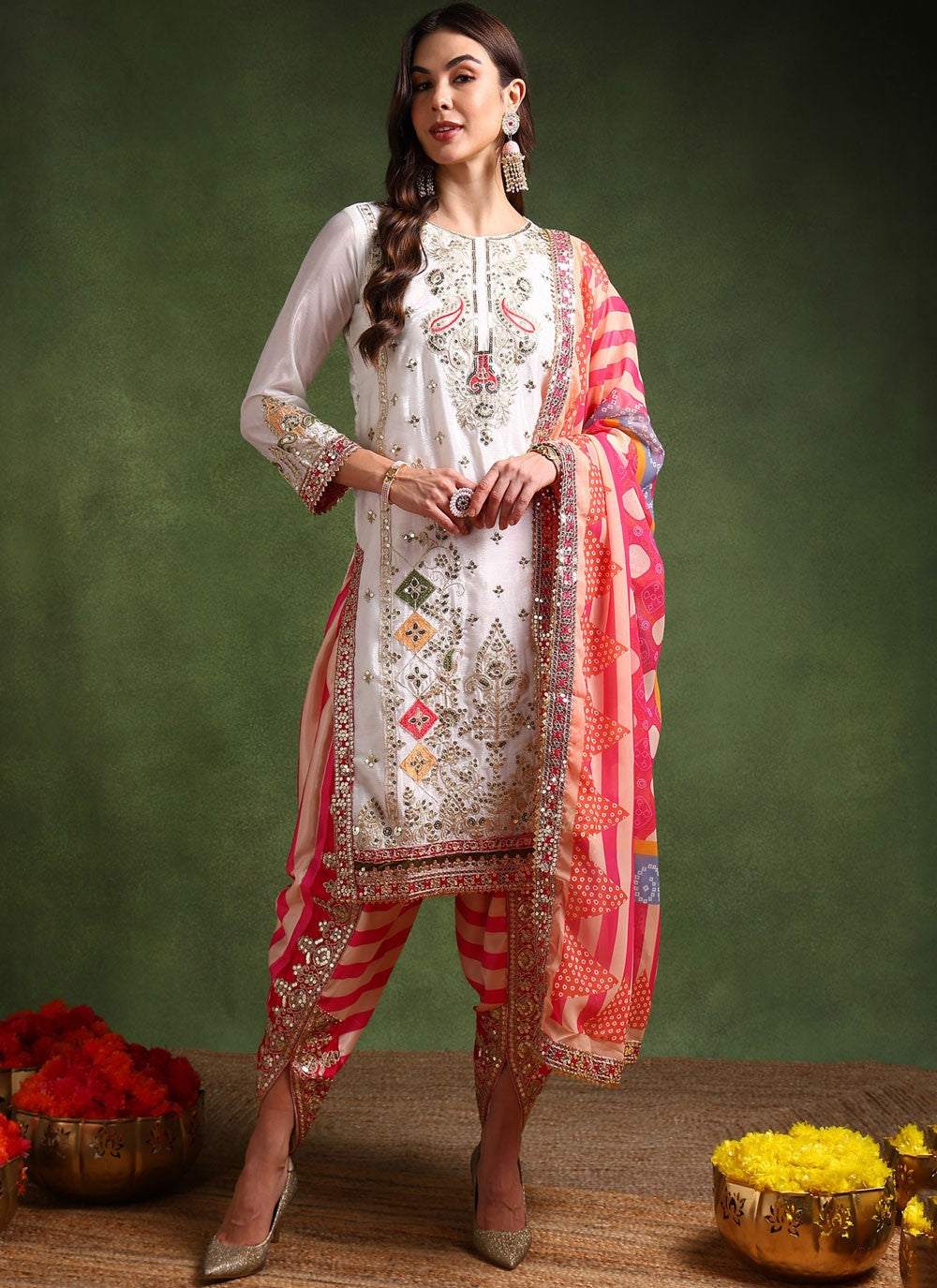 Dhoti Style Salwar Suit Embroidered, Sequins, Zari White T7648