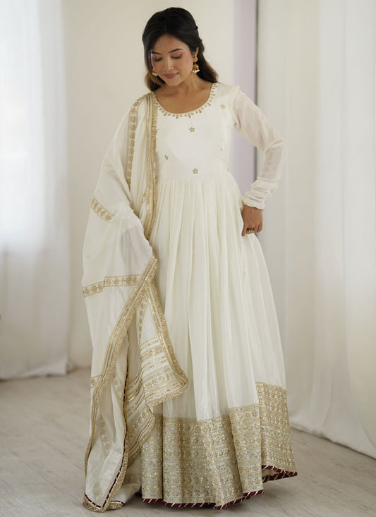 Anarkali Embroidered, Sequins, Zari White T7624