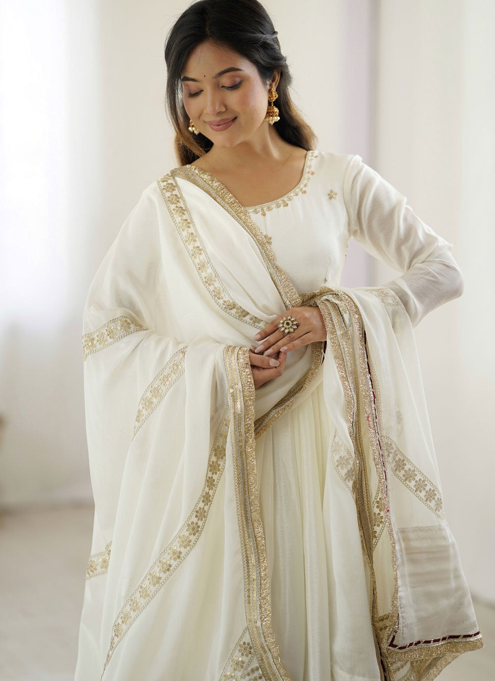 Anarkali Embroidered, Sequins, Zari White T7624