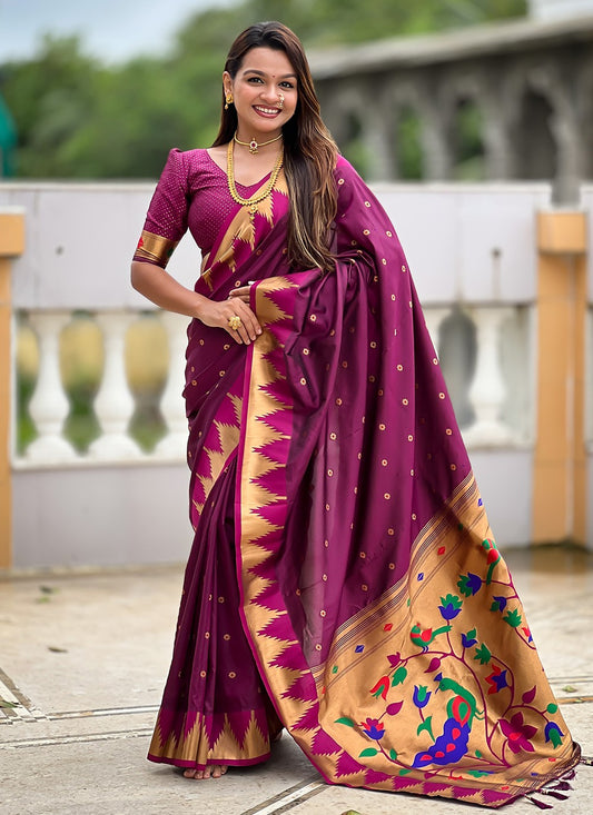 Wine Silk Classic Saree Jacquard Work, Meenakari S18365