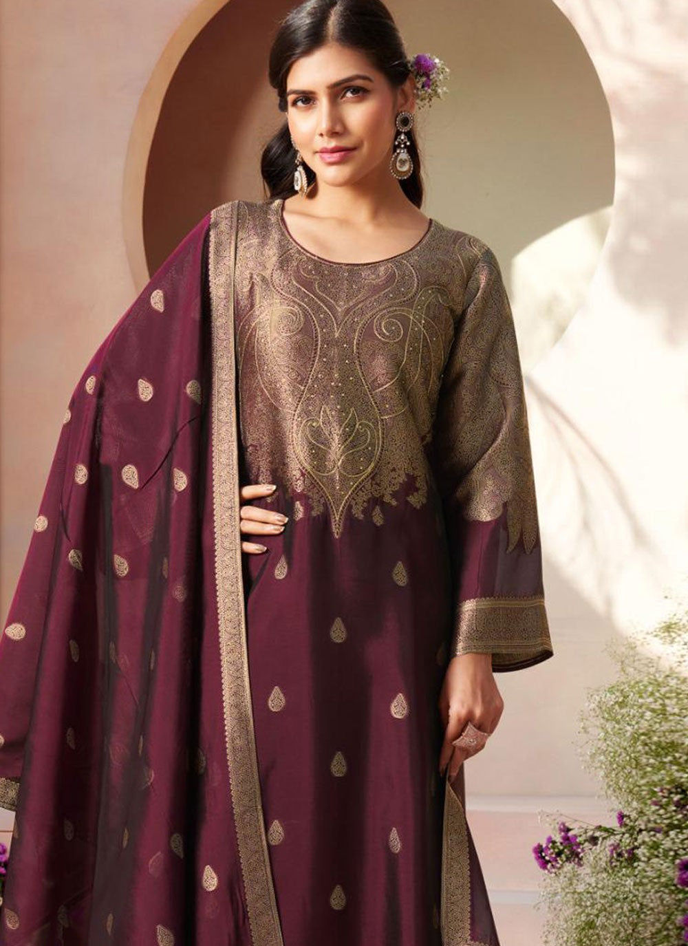 Crystals Silk Wine Salwar Suit T6586