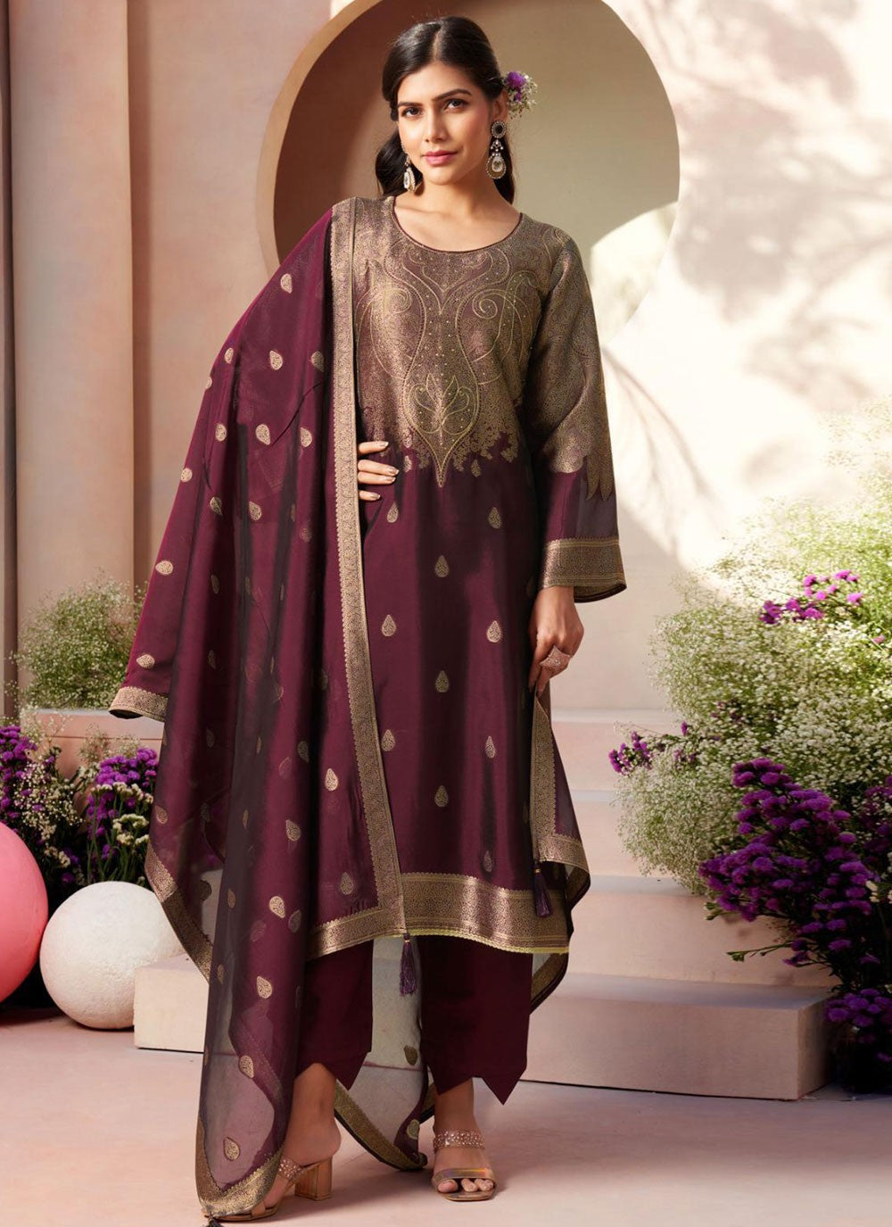 Crystals Silk Wine Salwar Suit T6586