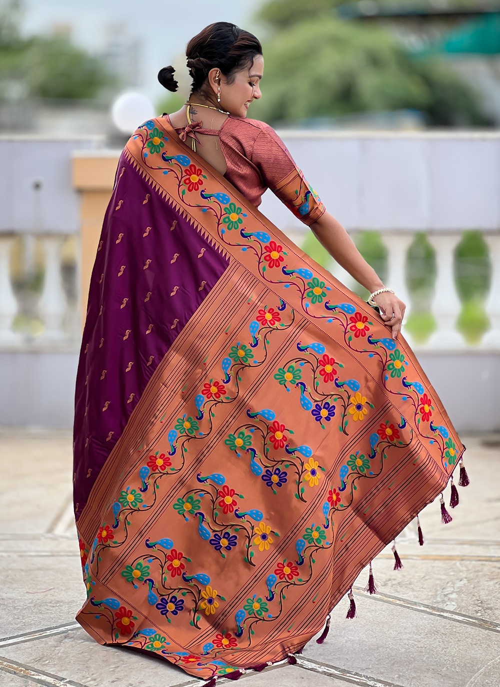 Wine Silk Classic Saree Jacquard Work, Meenakari S19955