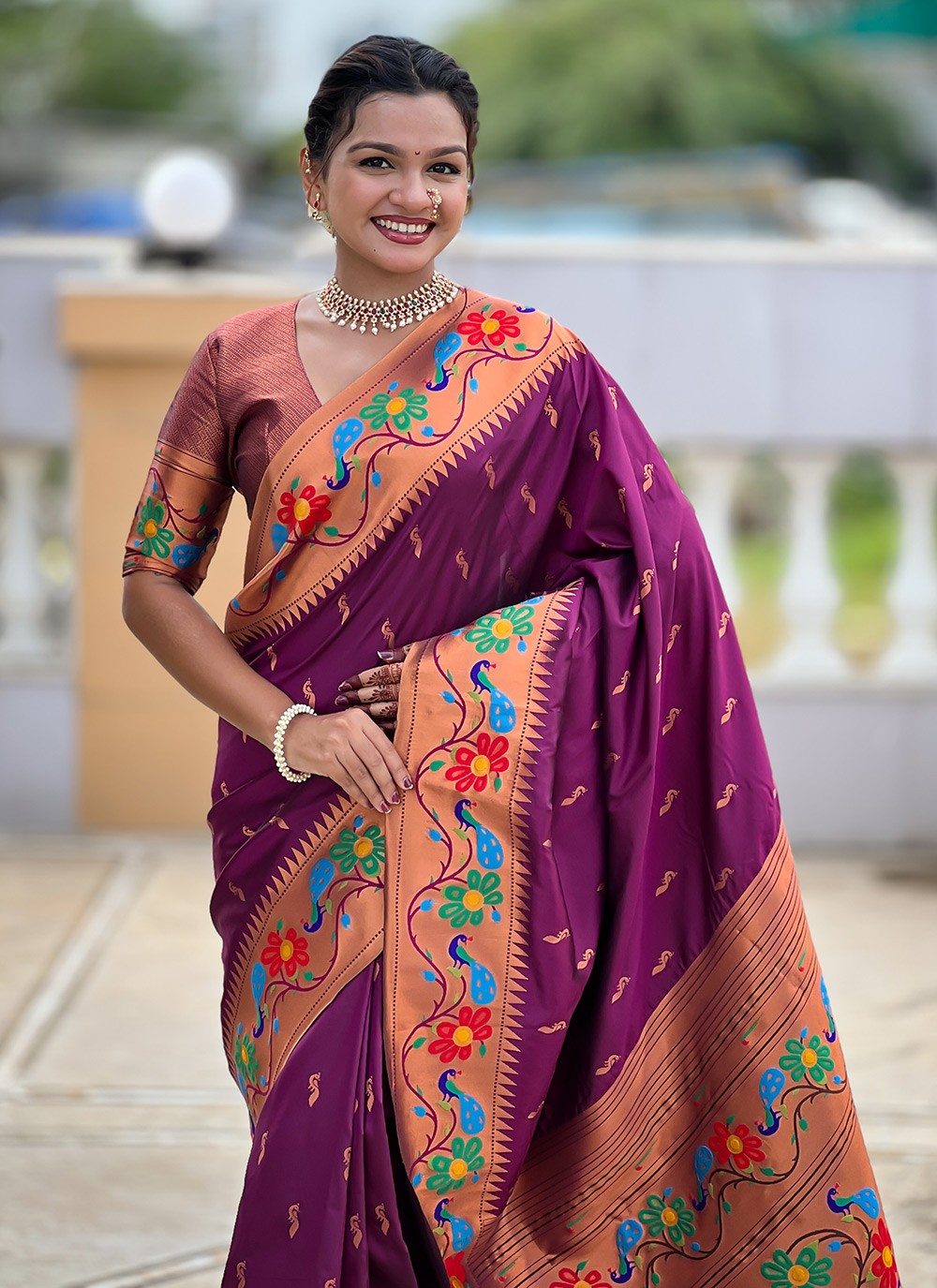 Wine Silk Classic Saree Jacquard Work, Meenakari S19955