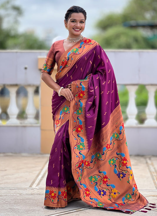 Wine Silk Classic Saree Jacquard Work, Meenakari S19955
