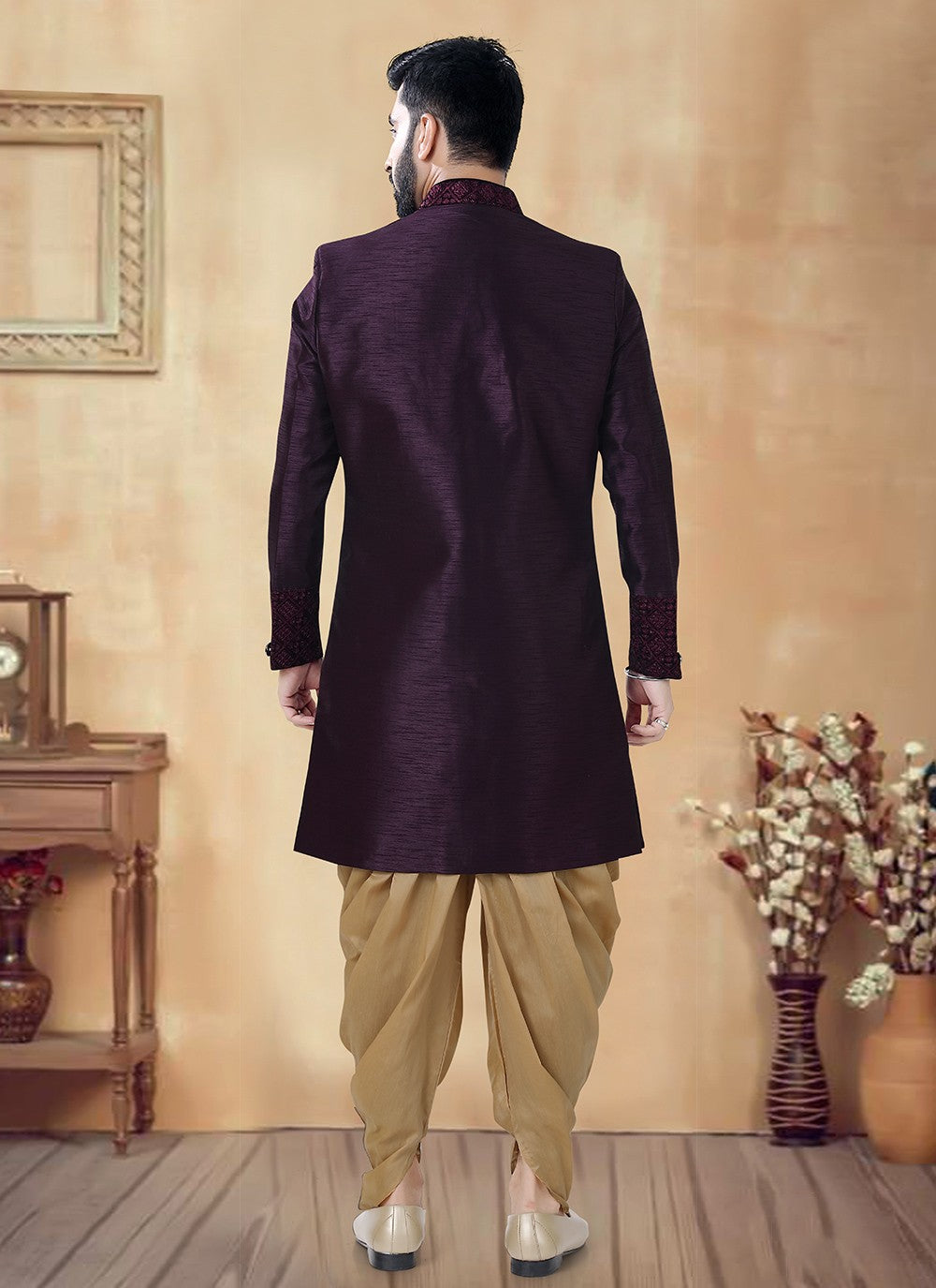Embroidered Silk Wine Sherwani - M8511