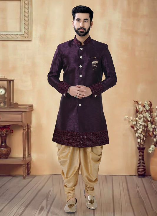 Embroidered Silk Wine Sherwani - M8511