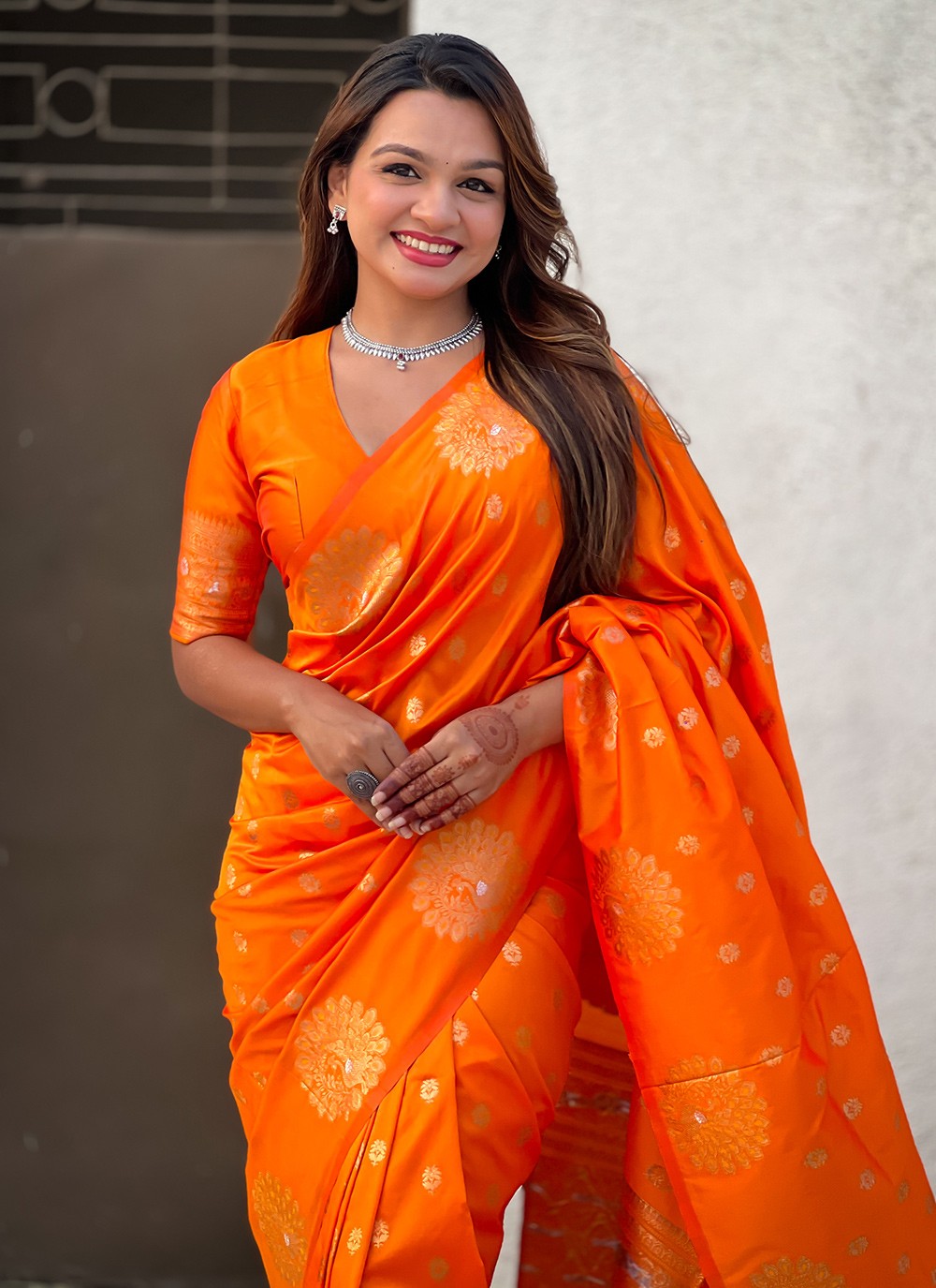 Woven Silk Orange Saree S14683