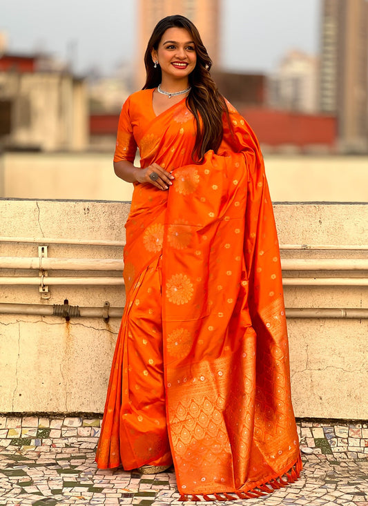 Woven Silk Orange Saree S14683