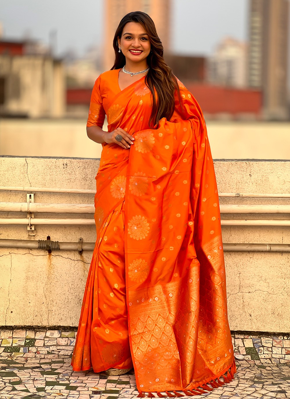 Woven Silk Orange Saree S14683