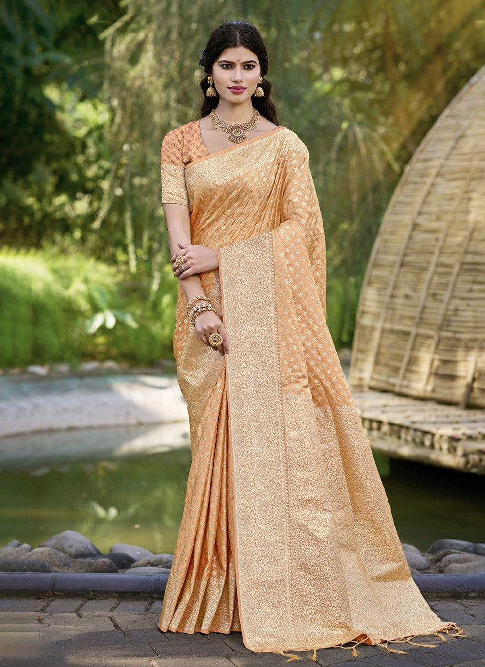 Contemporary Woven Peach Silk Saree S12356