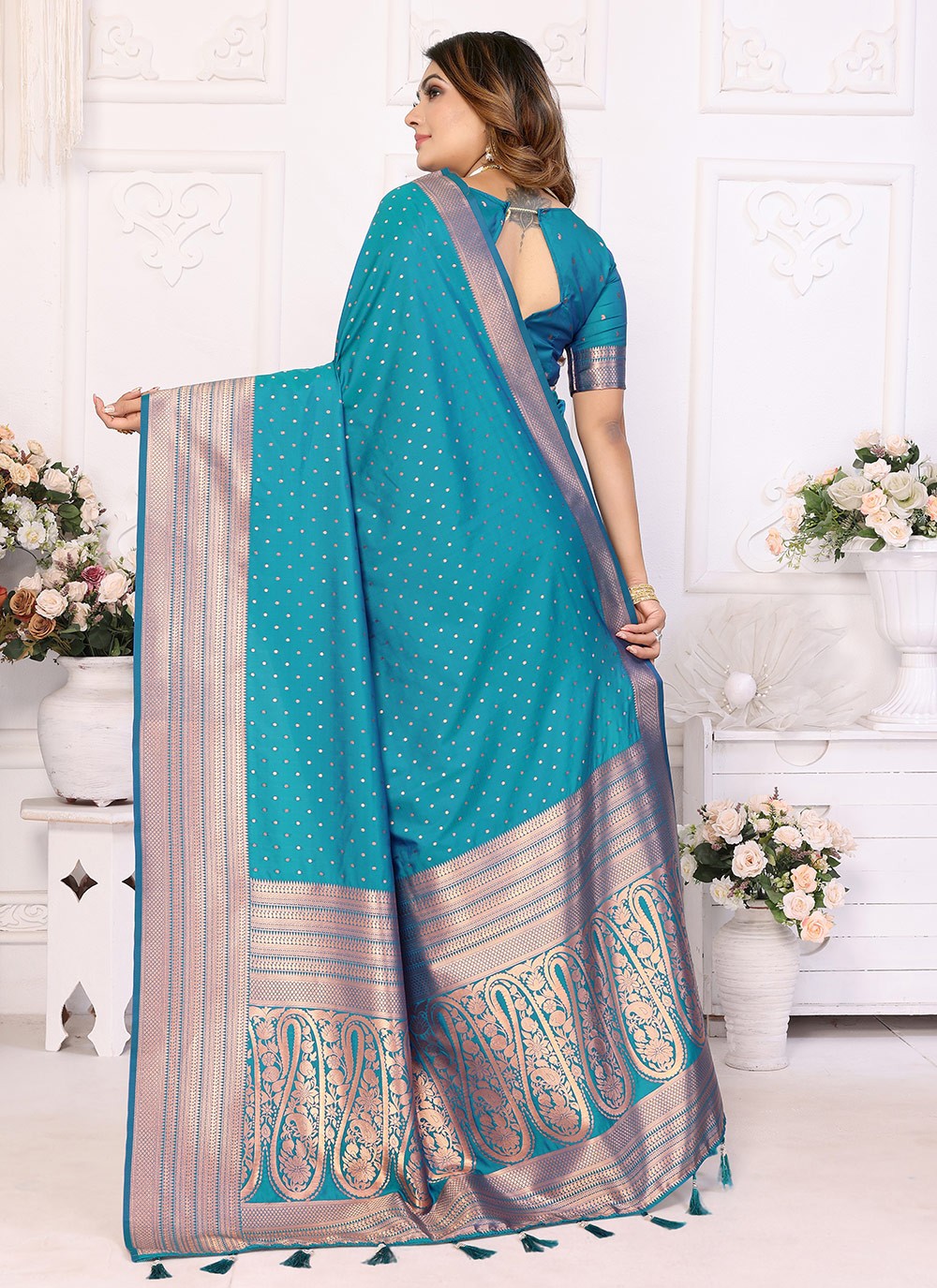 Woven Silk Teal Contemporary Saree S15089