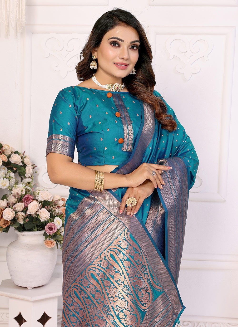 Woven Silk Teal Contemporary Saree S15089