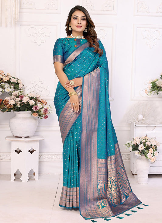 Woven Silk Teal Contemporary Saree S15089