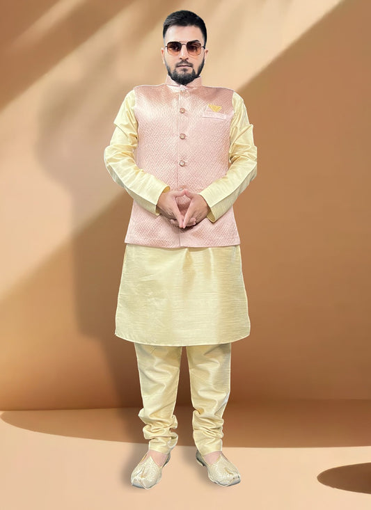 Woven Jacquard, Silk Gold, Pink Kurta Payjama With Jacket - M5410