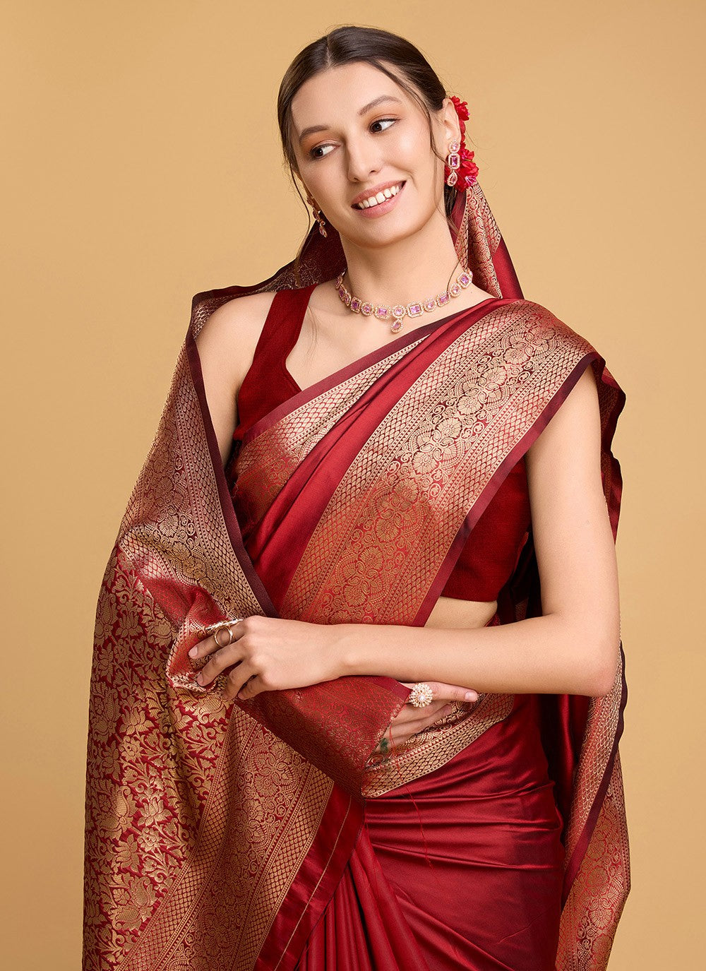 Woven Silk Red Saree S13853