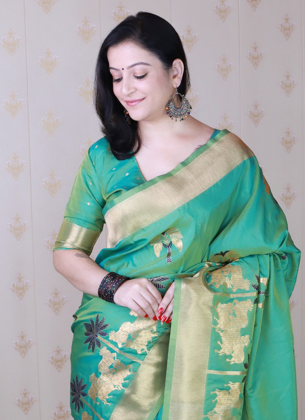 Sea Green Silk Classic Saree Meenakari, Woven S19471
