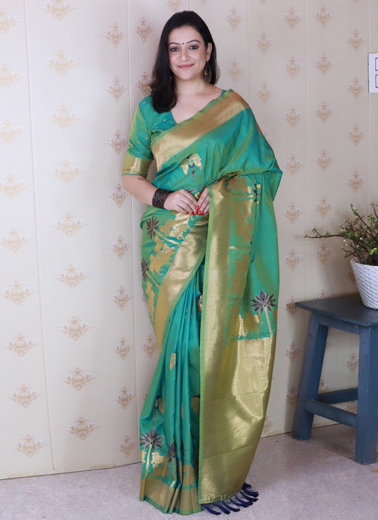 Sea Green Silk Classic Saree Meenakari, Woven S19471