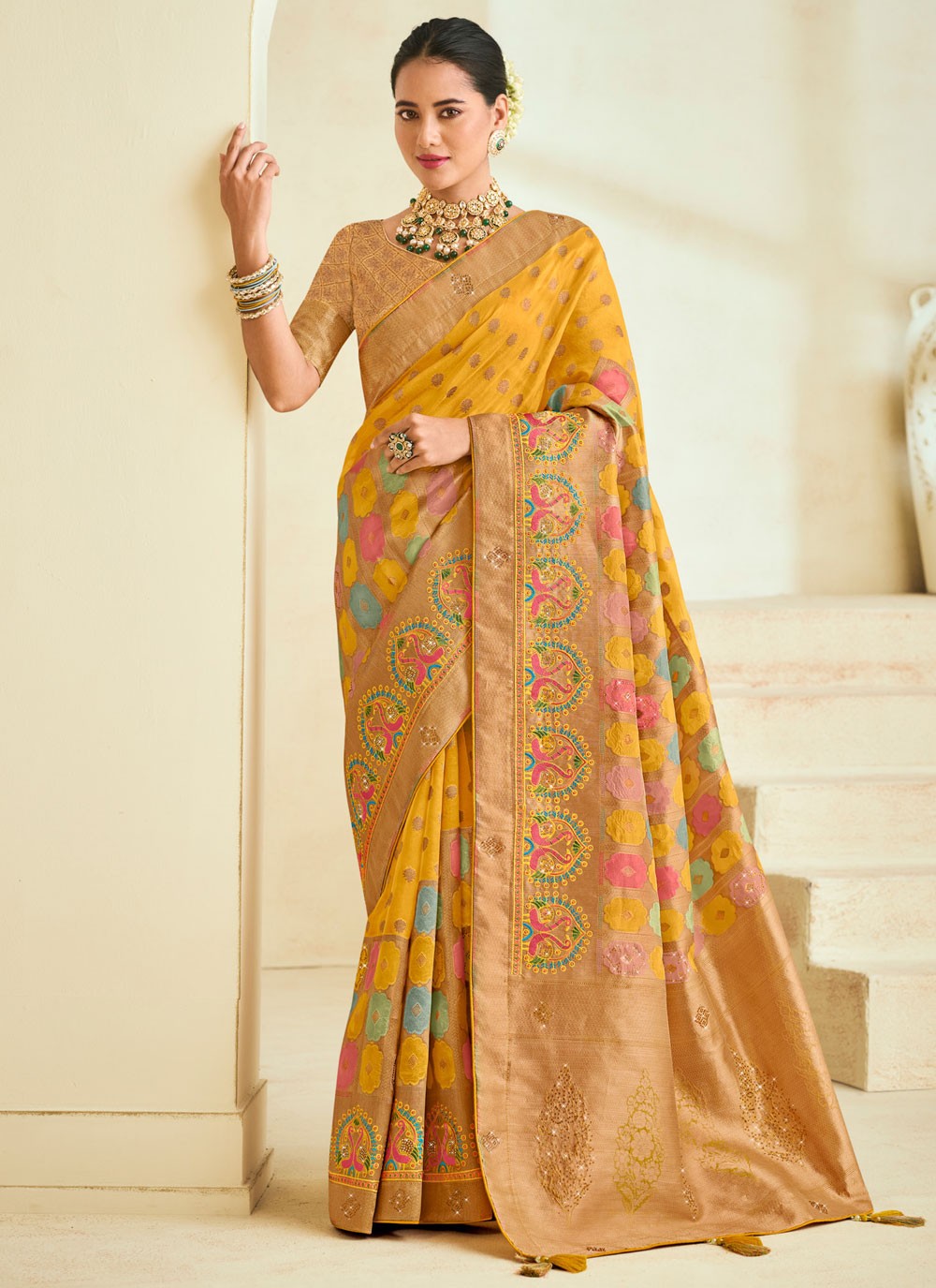 Classic Saree Embroidered Yellow Silk S12487
