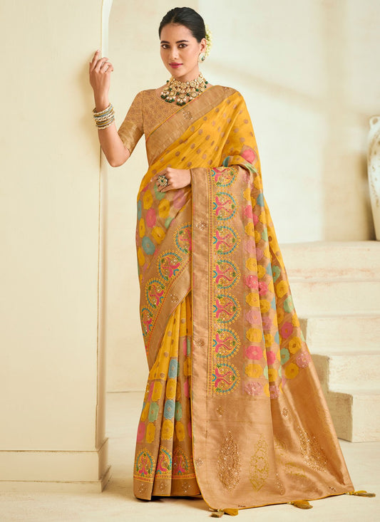 Classic Saree Embroidered Yellow Silk Saree S12487