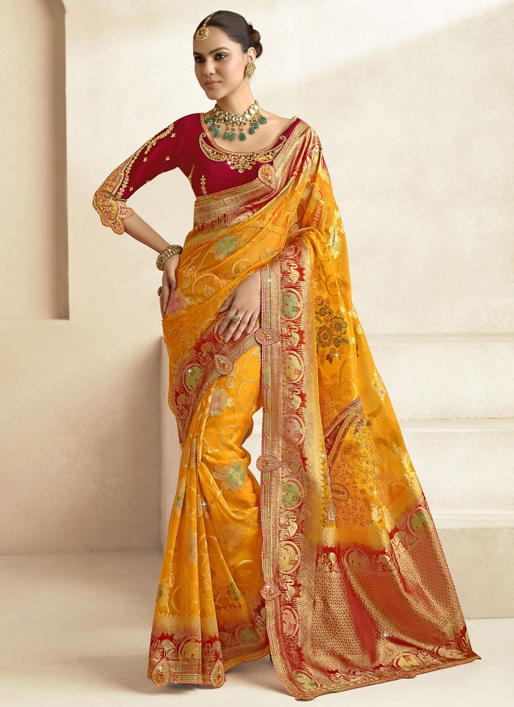 Cut Work Silk Yellow Traditional Saree S15466