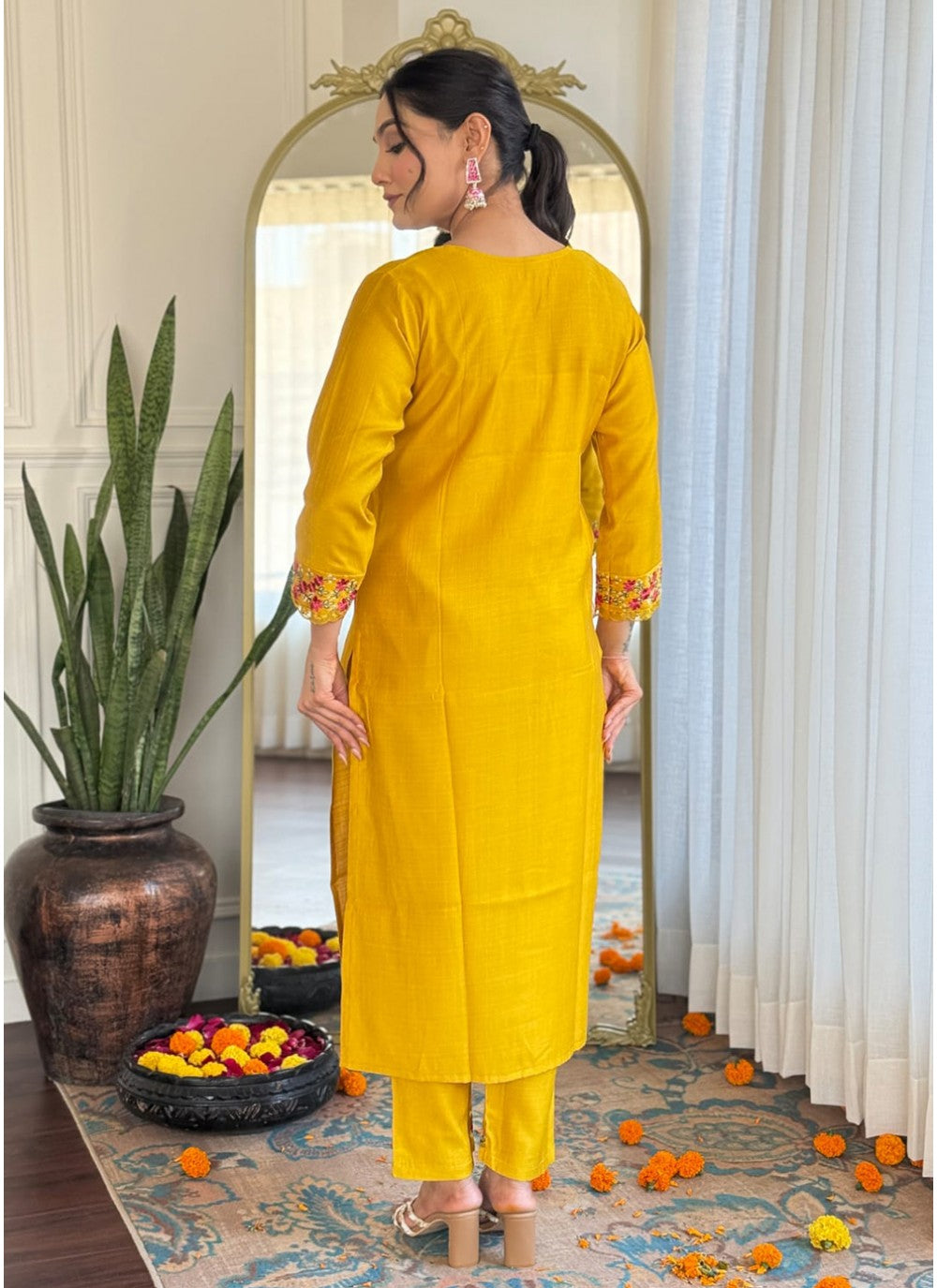 Embroidered Silk Yellow Pant Style Suit T6033