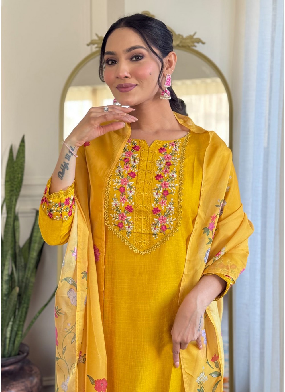 Embroidered Silk Yellow Pant Style Suit T6033